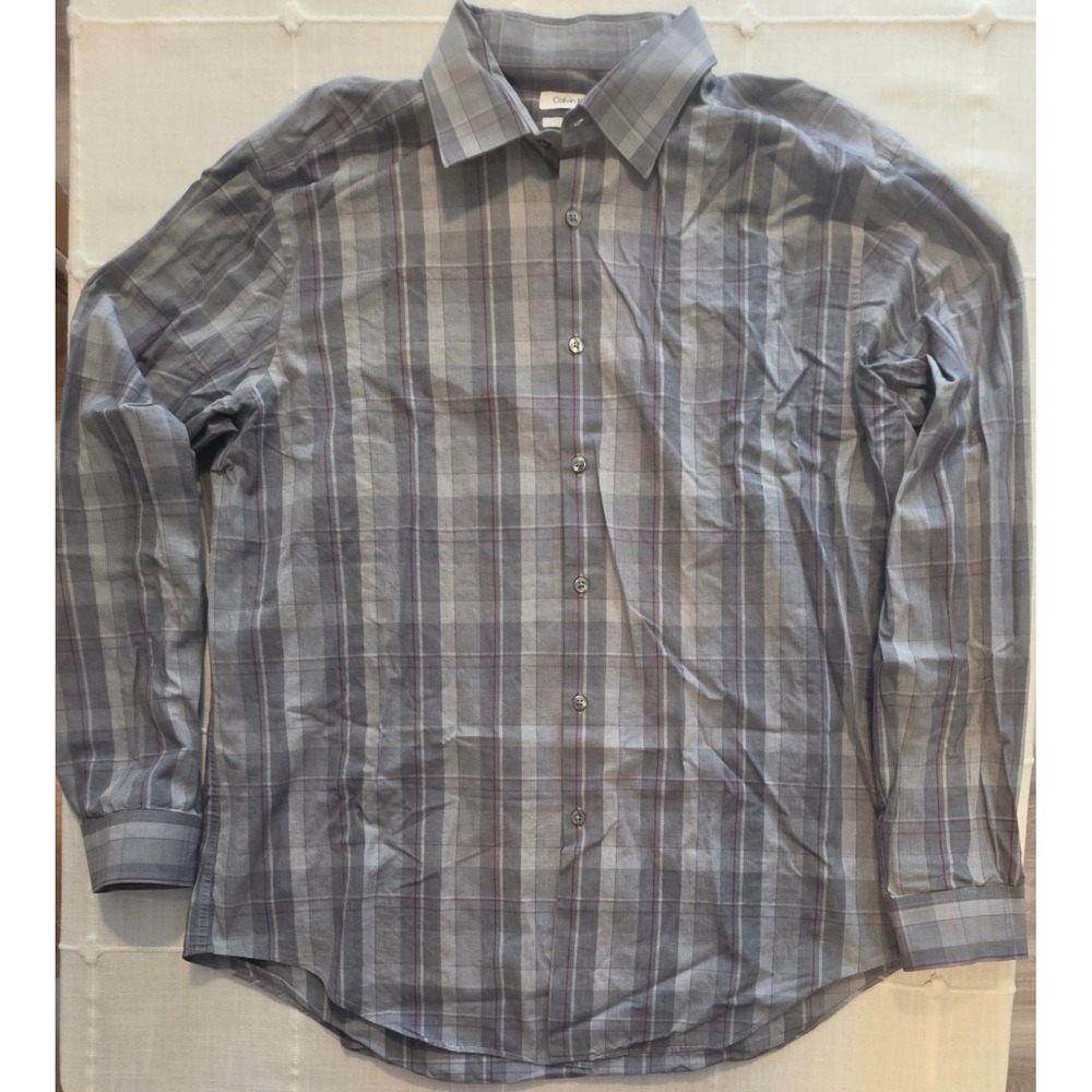 Calvin Klein Mens Slim Fit Grey Plaid Cotton Dress Shirt XL 17-17.5 34/35